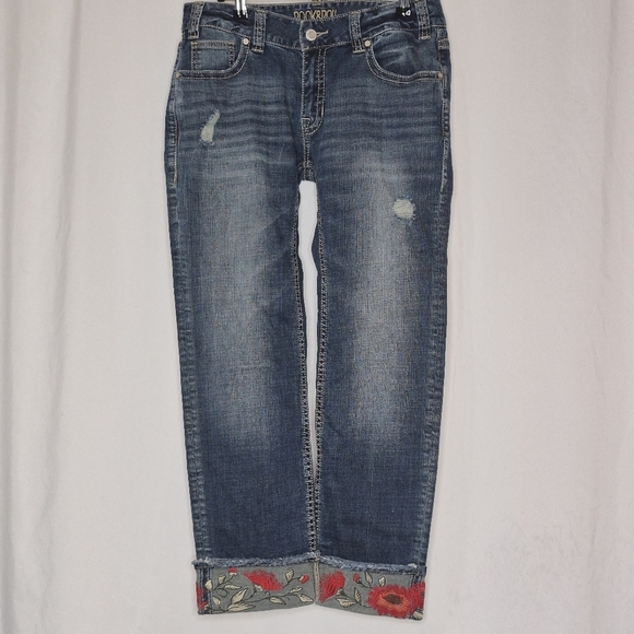 Rock & Roll Cowgirl Mid-Rise Straight Leg Embroidered Cuff Blue Jeans - Size 31 - Picture 1 of 14